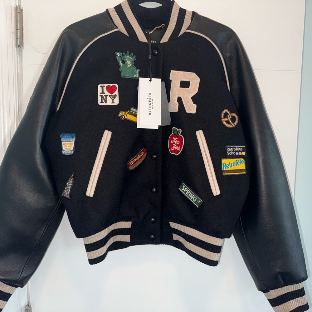 Retrofete Varsity Patch Letterman New York Black Leather Jacket Small New RARE